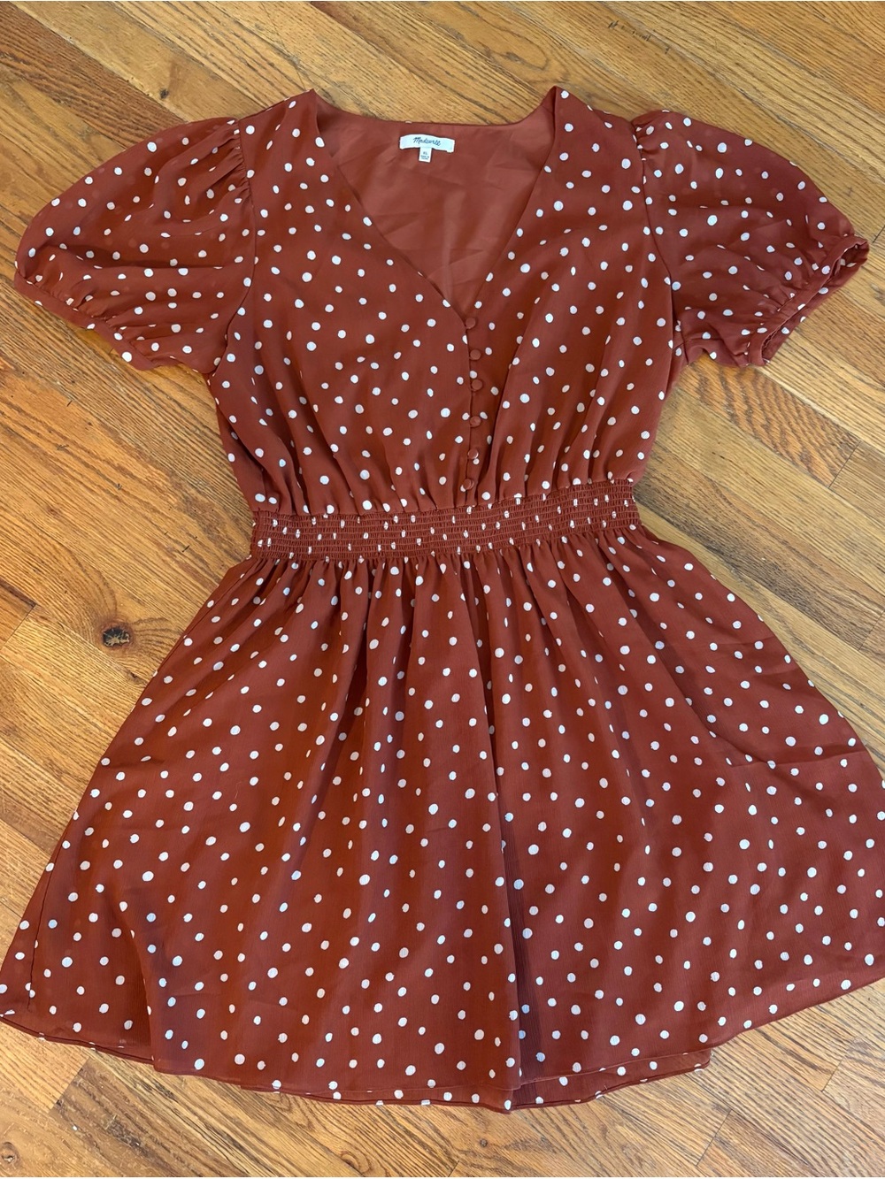 Polka Dot Puff-Sleeve Dress - Rust with White Dots